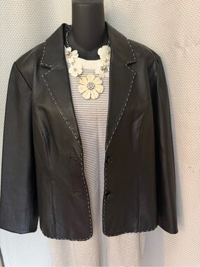 Petite Sophisticate Black Leather Blazer with Contrast Stitching